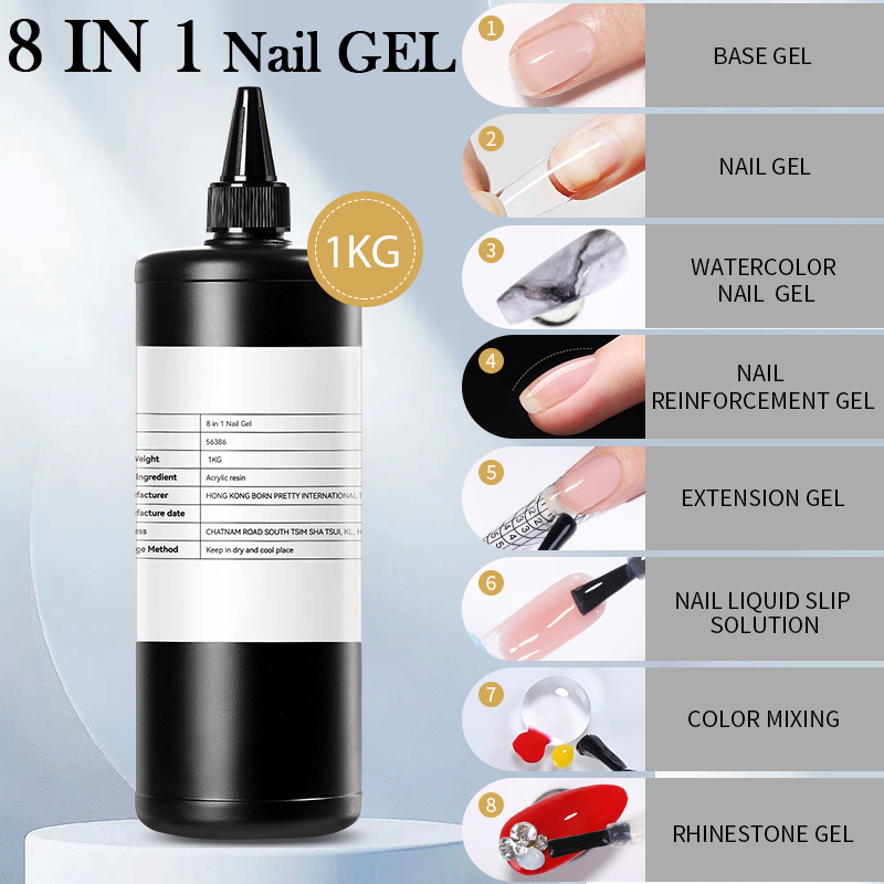 BORN PRETTY 1 KG Nail Polish Glue Material Popular 8 IN 1 HEMA Free Gel Nail Glue in Bulk for Construction Gel Builder Extension