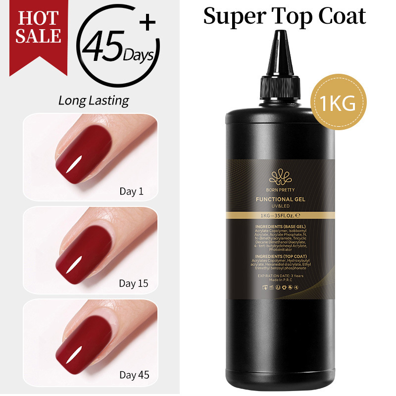 BORN PRETTY High Quantity HEMA Free No Yellow No Wipe Diamond Glossy Rubber Base UV Top Coat Gel Polish Bulk KG