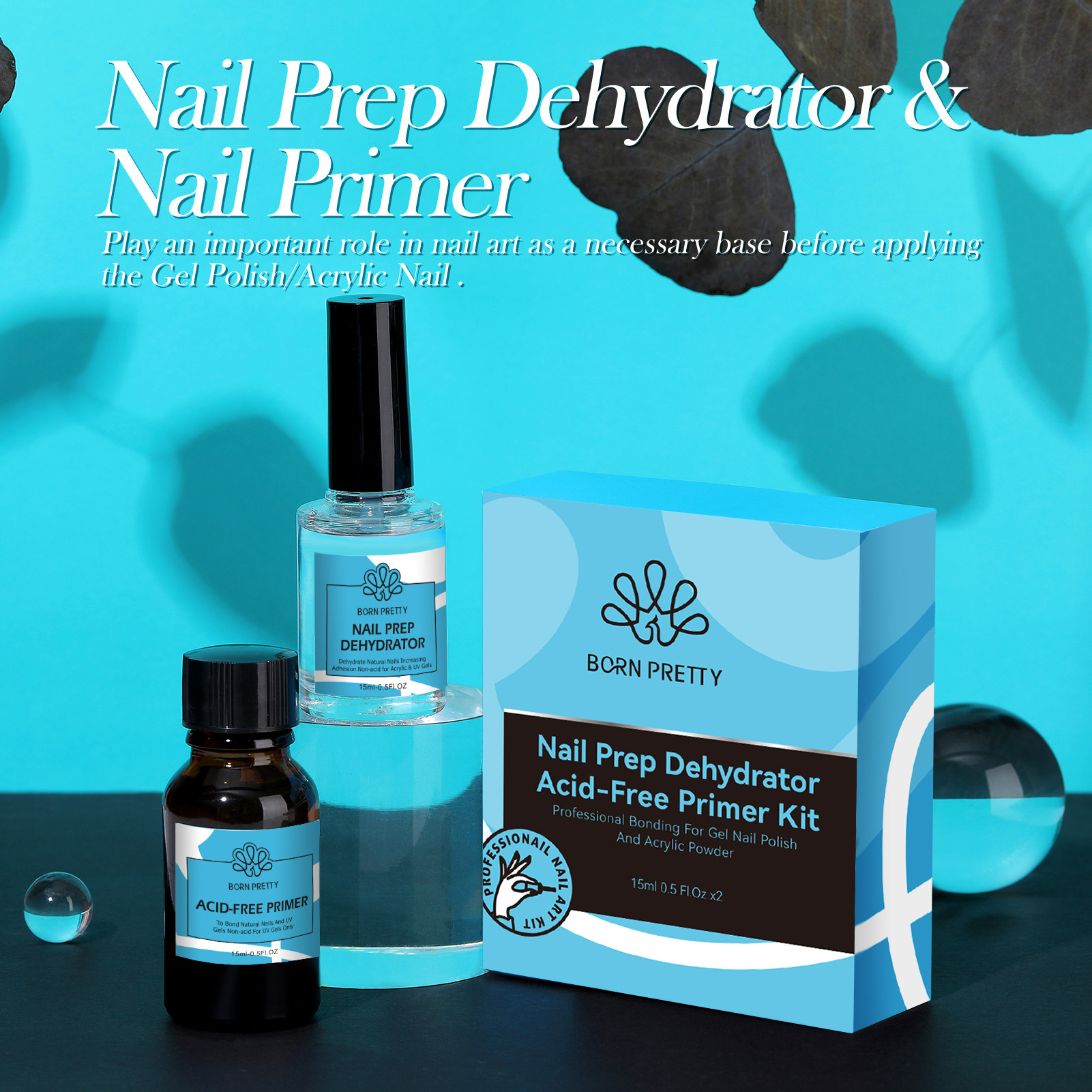 BORN PRETTY Professional Bonder Nail Prep Dehydrator Non Acid Primer Set Gel Polish Nail Primer for Acrylic Nails