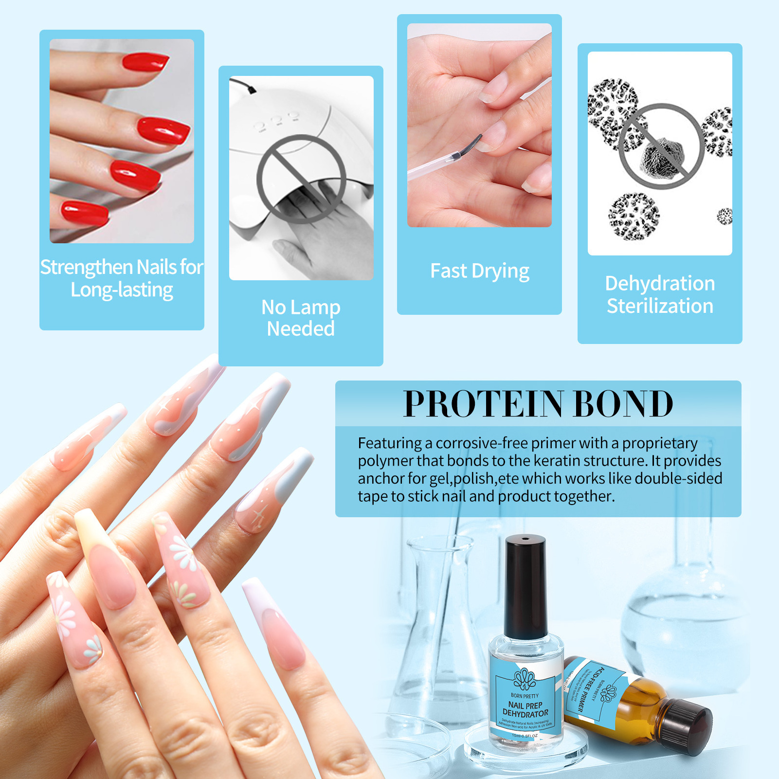 BORN PRETTY OEM Private Label Air Dry Protein Bond Acid Free Nail Gel Primer Bonder and Dehydrator Nails