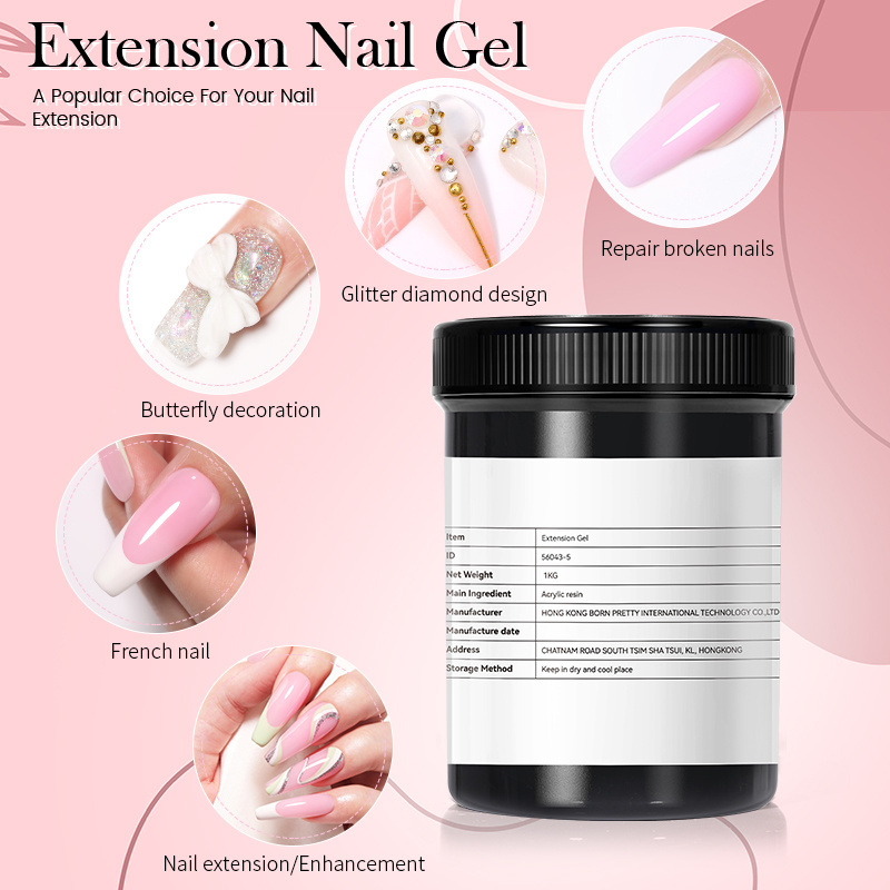 BORN PRETTY 1KG HEMA Free Hard Nail Extention Gel Polish Bulk Clear Jelly Color No Burn Construction Gel Builder 1 KG for Nails