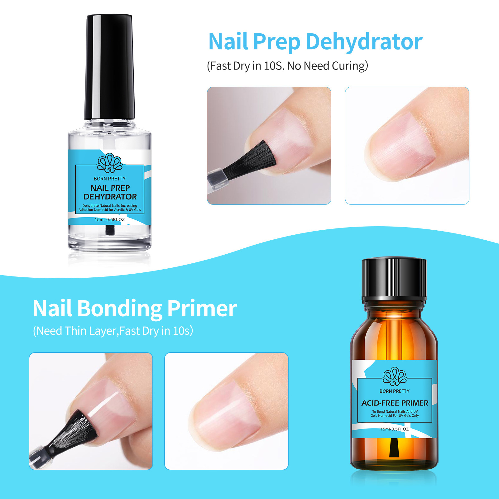 BORN PRETTY Professional Bonder Nail Prep Dehydrator Non Acid Primer Set Gel Polish Nail Primer for Acrylic Nails