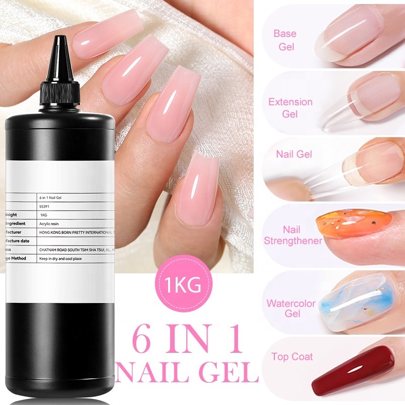 BORN PRETTY 1KG 6 in 1 Multifunction Nail Polish Glue Gel Bulk for Base Top Coat Extension Nail Gel False Nail Tips Gel