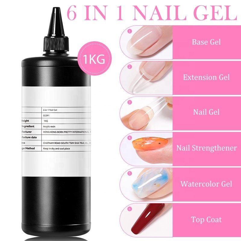 BORN PRETTY 1KG 6 in 1 Multifunction Nail Polish Glue Gel Bulk for Base Top Coat Extension Nail Gel False Nail Tips Gel