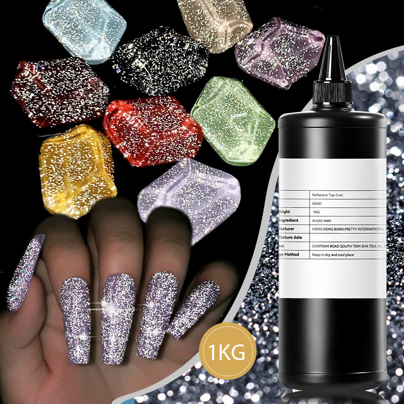 BORN PRETTY 1kg Disco Reflective Gel Nail Polish Raw Materials Resin Glitter Gel Reflective Top Coat In Bulk For Nail Art