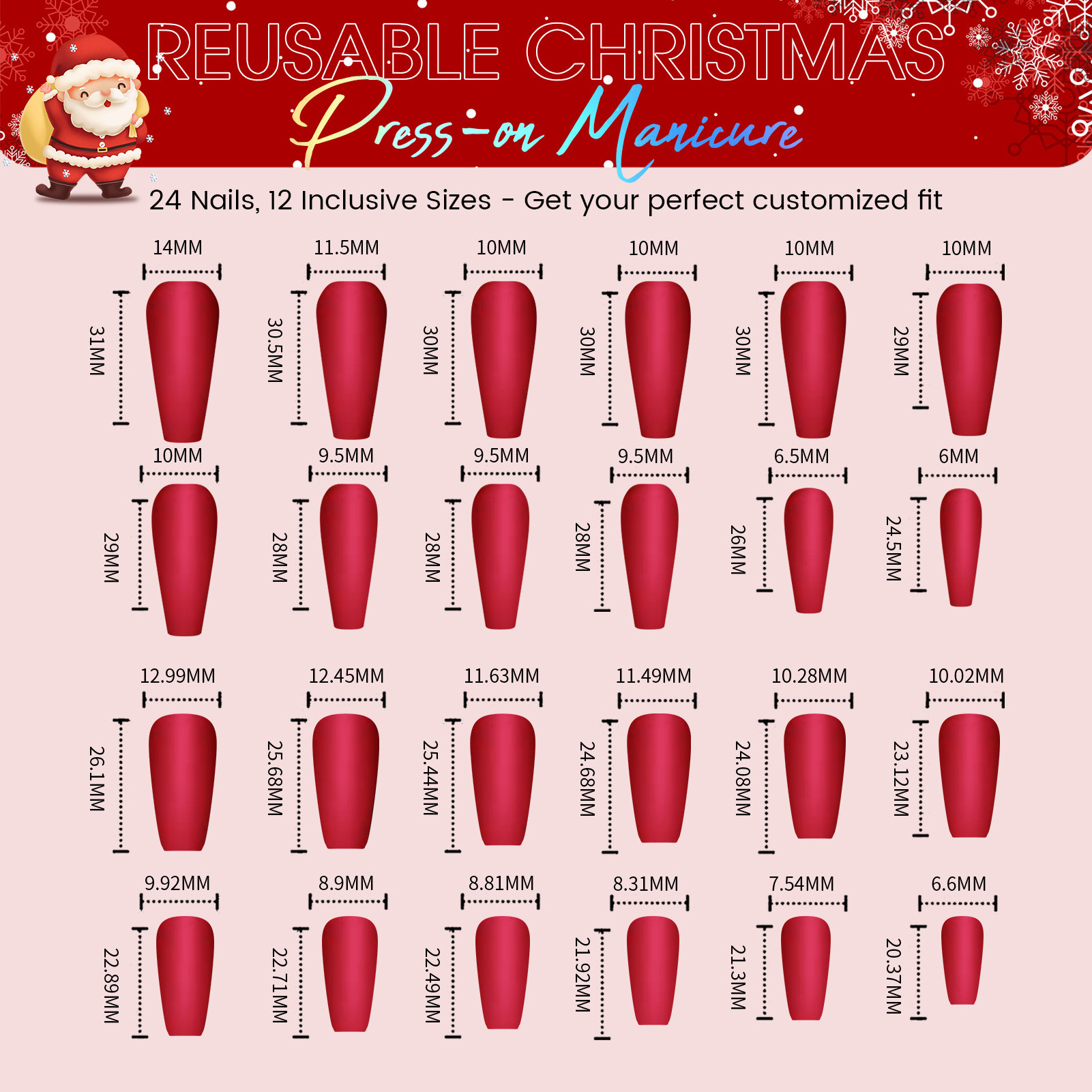 MD Christmas Long Coffin Fake Nails Snowflake Full Cover Press on Nails Nail Art Deco Acrylic Artificial Manicure