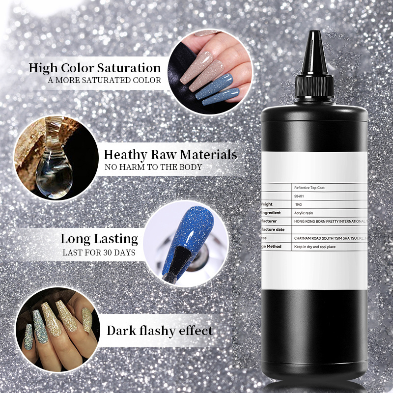 BORN PRETTY 1kg Disco Reflective Gel Nail Polish Raw Materials Resin Glitter Gel Reflective Top Coat In Bulk For Nail Art