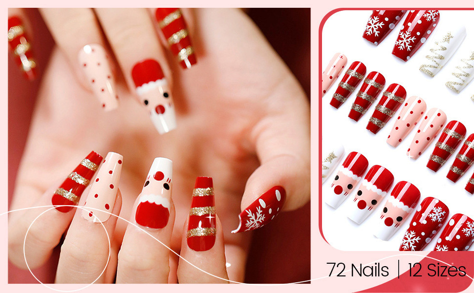 MD Christmas Long Coffin Fake Nails Snowflake Full Cover Press on Nails Nail Art Deco Acrylic Artificial Manicure