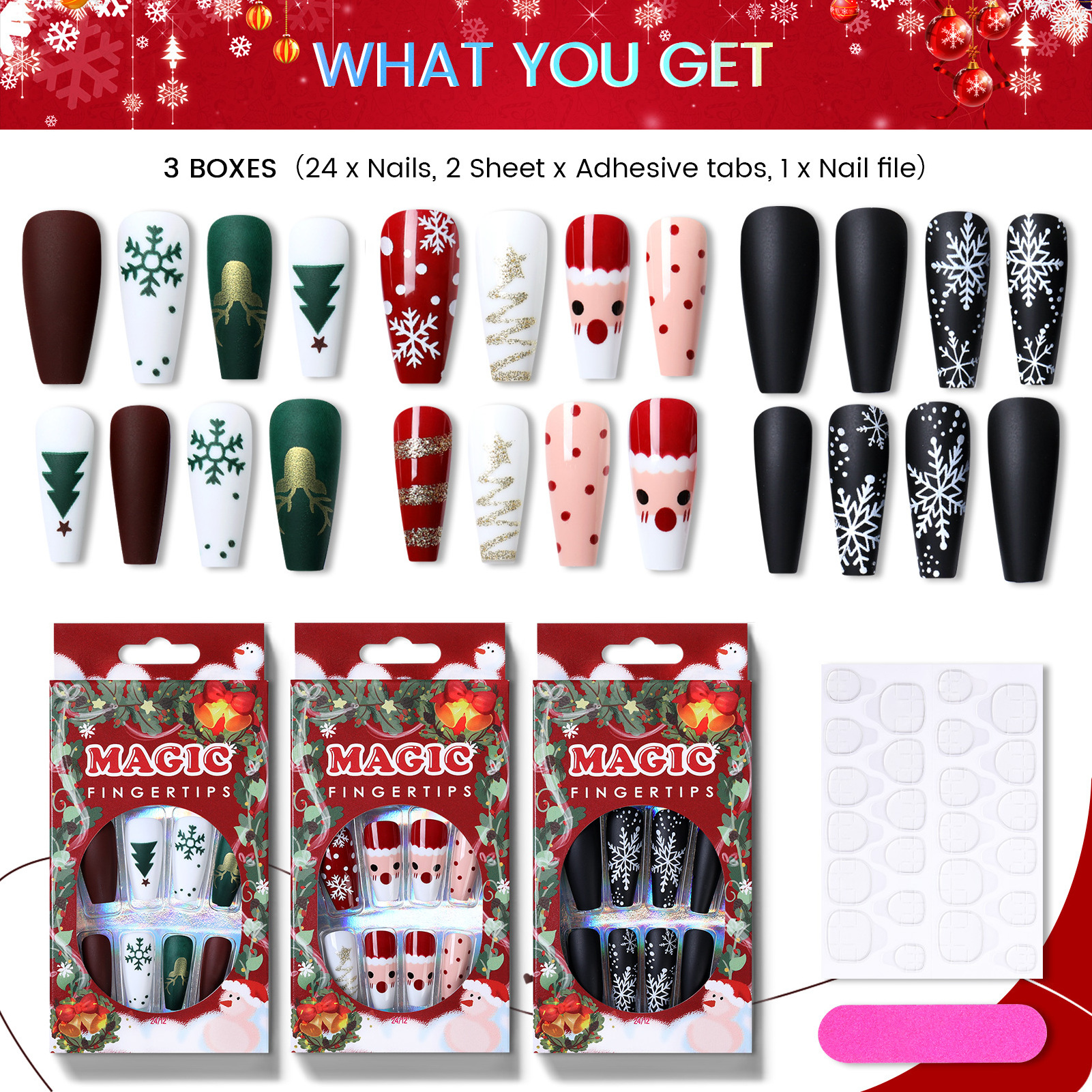 MD Christmas Long Coffin Fake Nails Snowflake Full Cover Press on Nails Nail Art Deco Acrylic Artificial Manicure