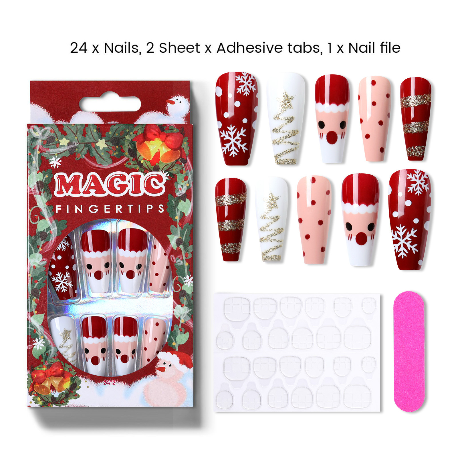 MD Christmas Long Coffin Fake Nails Snowflake Full Cover Press on Nails Nail Art Deco Acrylic Artificial Manicure