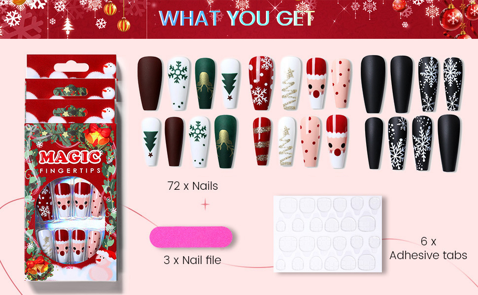 MD Christmas Long Coffin Fake Nails Snowflake Full Cover Press on Nails Nail Art Deco Acrylic Artificial Manicure