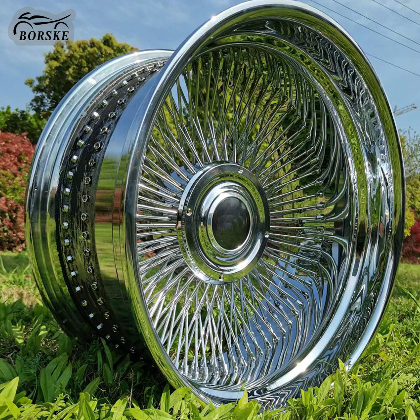 factory wholesale Retro Car Spoke Wheel 20 22 24 26 inch chrome color 6061 aluminum forged car wheel rims with steel spokes