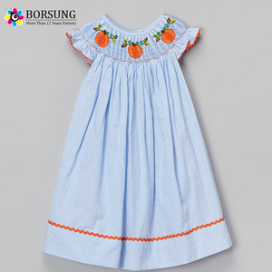 Blue Striped Smock Bishop Dress Pumpkin Embroidery Wholesale Children's Boutique Clothing