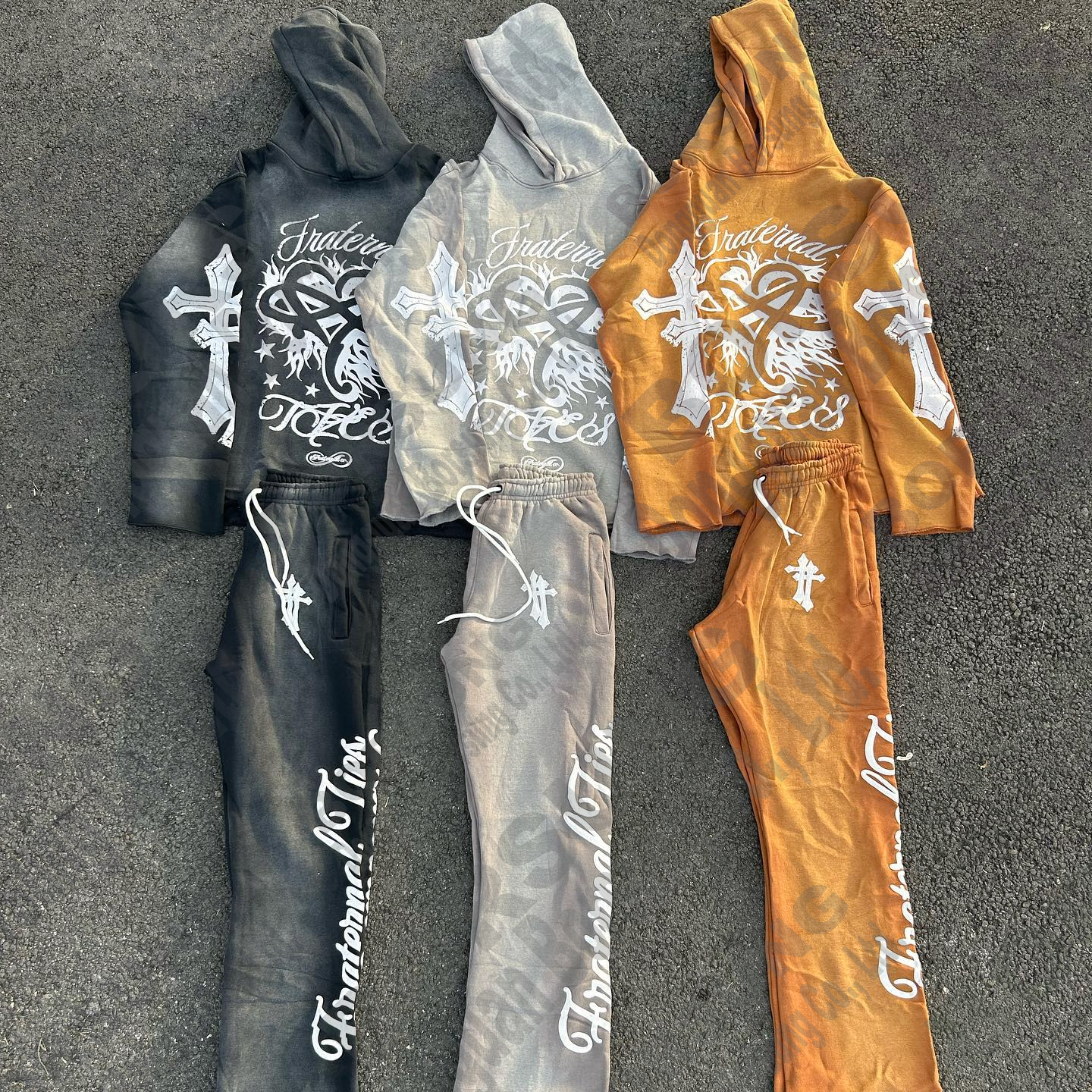 Custom logo sweatsuit sweatpants and hoodie set streetwear french terry sun faded screen printing acid washed men tracksuit