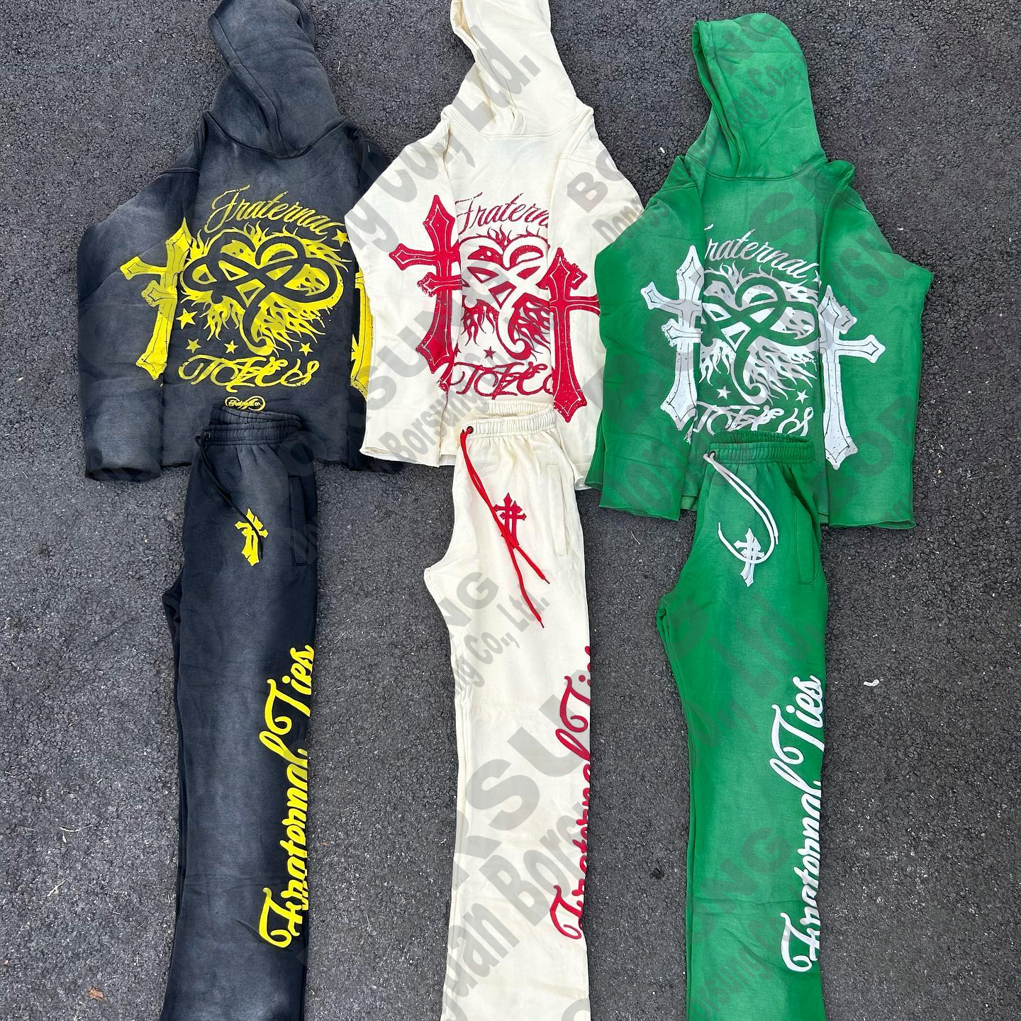 Custom logo sweatsuit sweatpants and hoodie set streetwear french terry sun faded screen printing acid washed men tracksuit