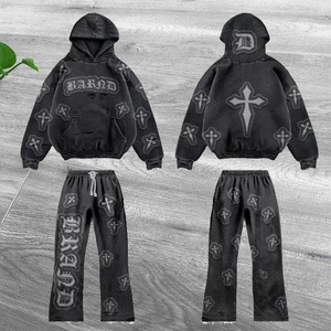 Custom logo acid wash crewneck cotton sweat suit sportswear men blank 2 pcs tracksuit sweatsuit sweatpants and hoodie set