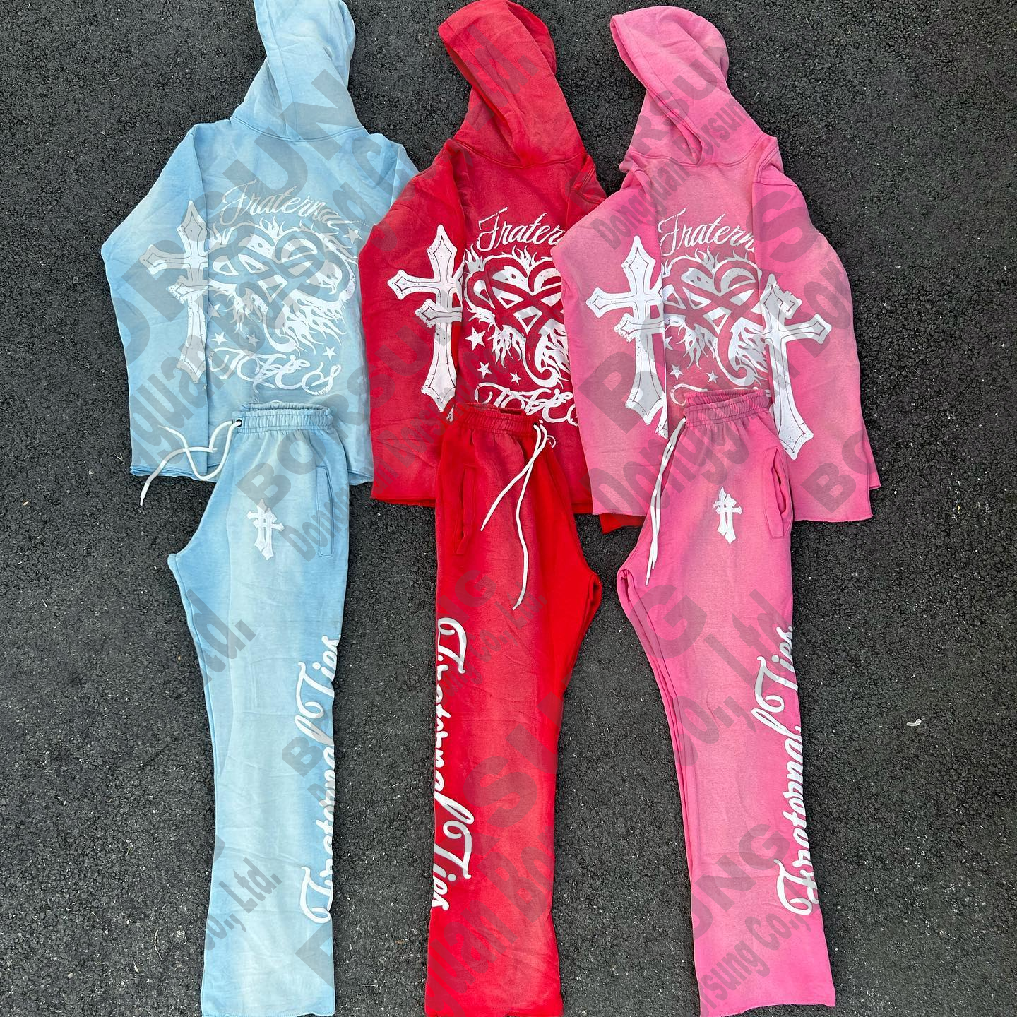 Custom logo sweatsuit sweatpants and hoodie set streetwear french terry sun faded screen printing acid washed men tracksuit