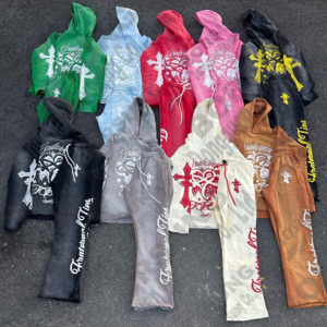 Custom logo sweatsuit sweatpants and hoodie set streetwear french terry sun faded screen printing acid washed men tracksuit