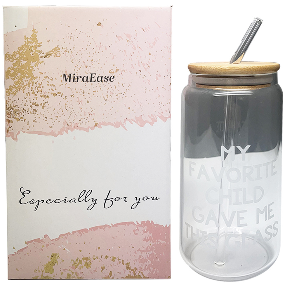 MiraEase Mama Can Glass Gift for Mom from Daughter, Son, Kids Mother Gifts, Mom Drinking Glass Cup 16oz with Lid and Straw