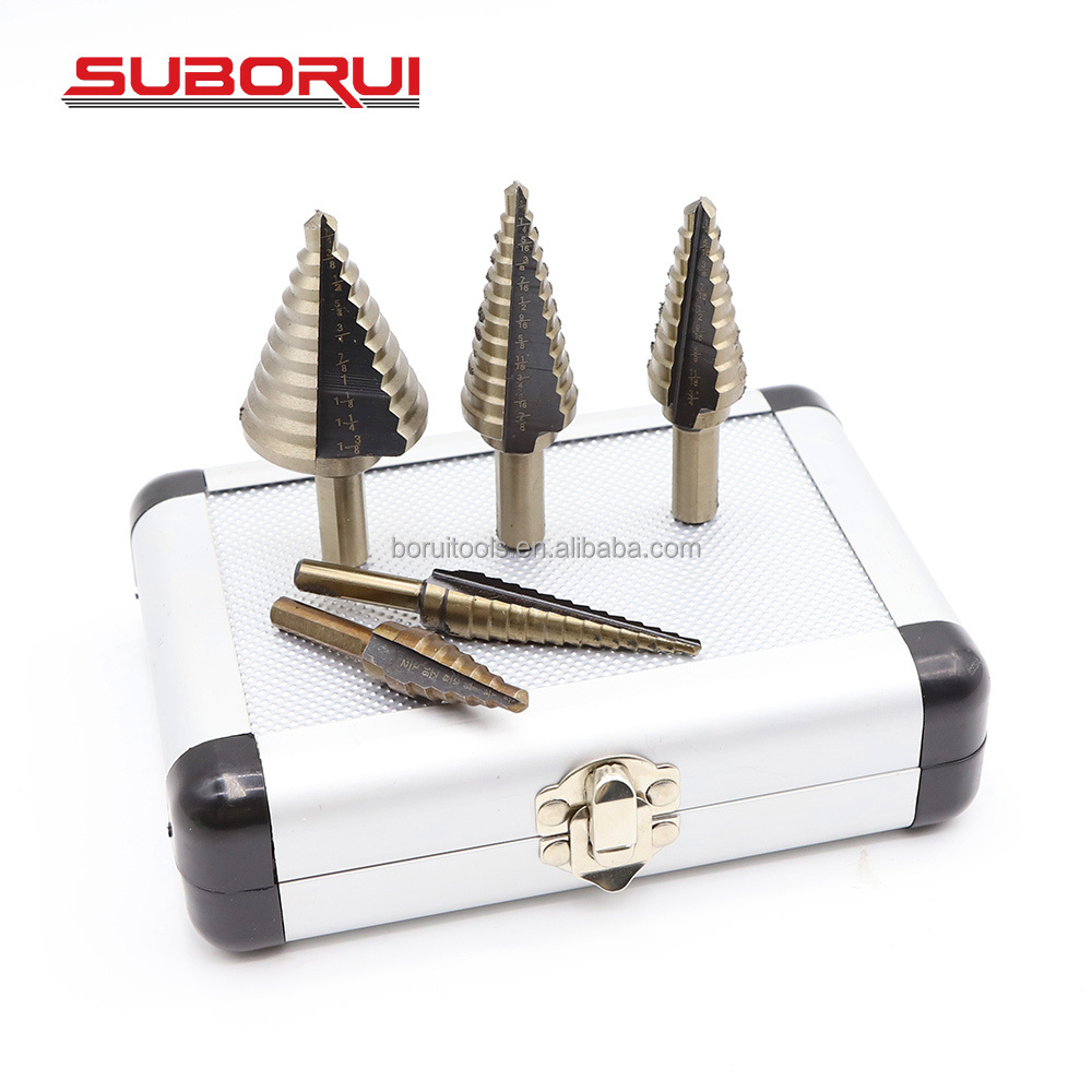 SUBORUI 5Pcs Hss 4241 Hex Shank Step Cone Drill 50 Sizes Multiple Hole Stepped Up Bits Unibit 3 wings Step Drill Bit Set