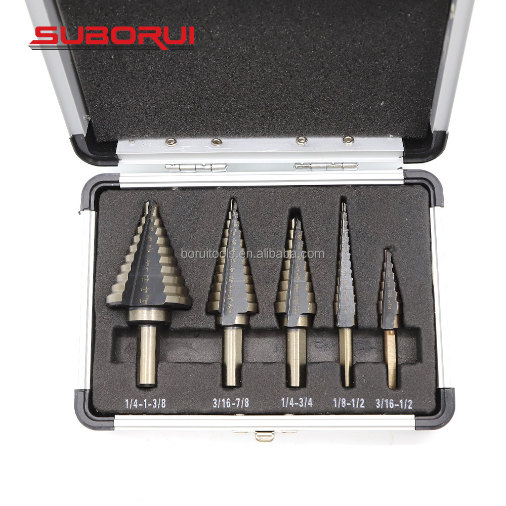 SUBORUI 5Pcs Hss 4241 Hex Shank Step Cone Drill 50 Sizes Multiple Hole Stepped Up Bits Unibit 3 wings Step Drill Bit Set