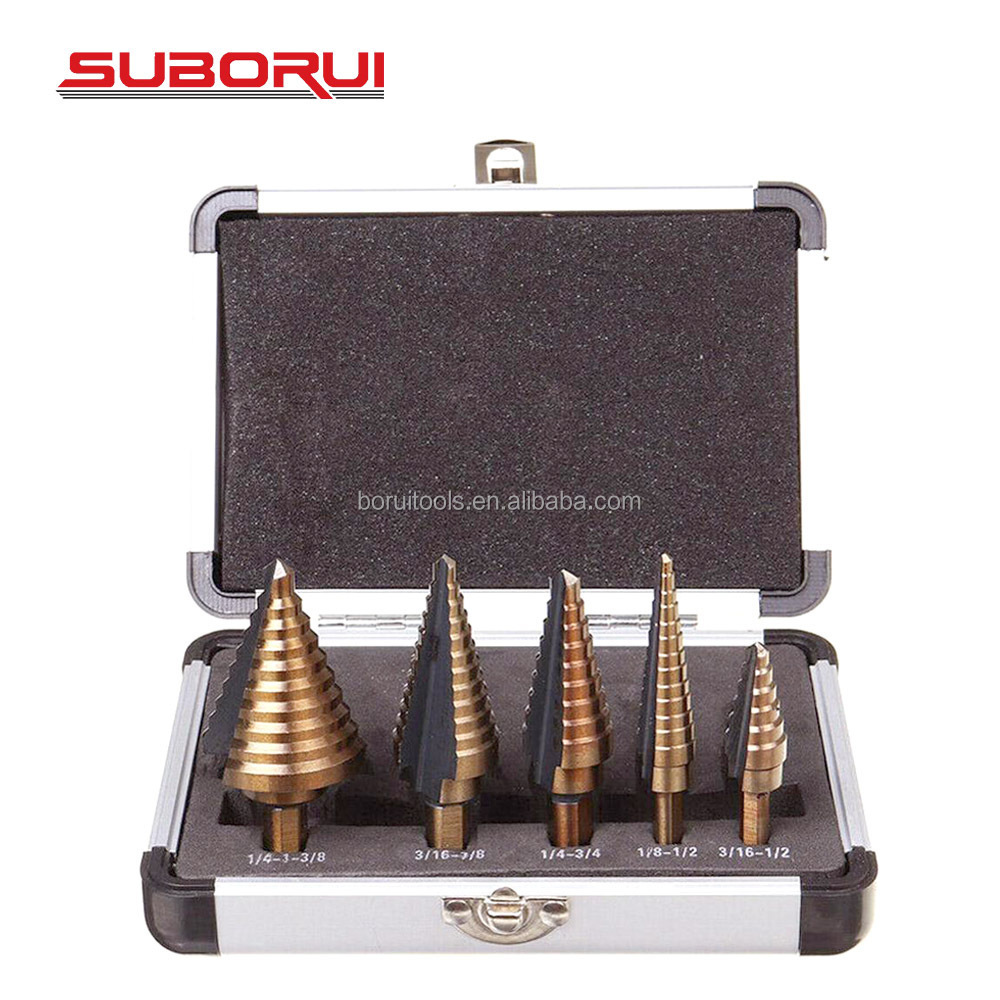 SUBORUI 5Pcs Hss 4241 Hex Shank Step Cone Drill 50 Sizes Multiple Hole Stepped Up Bits Unibit 3 wings Step Drill Bit Set