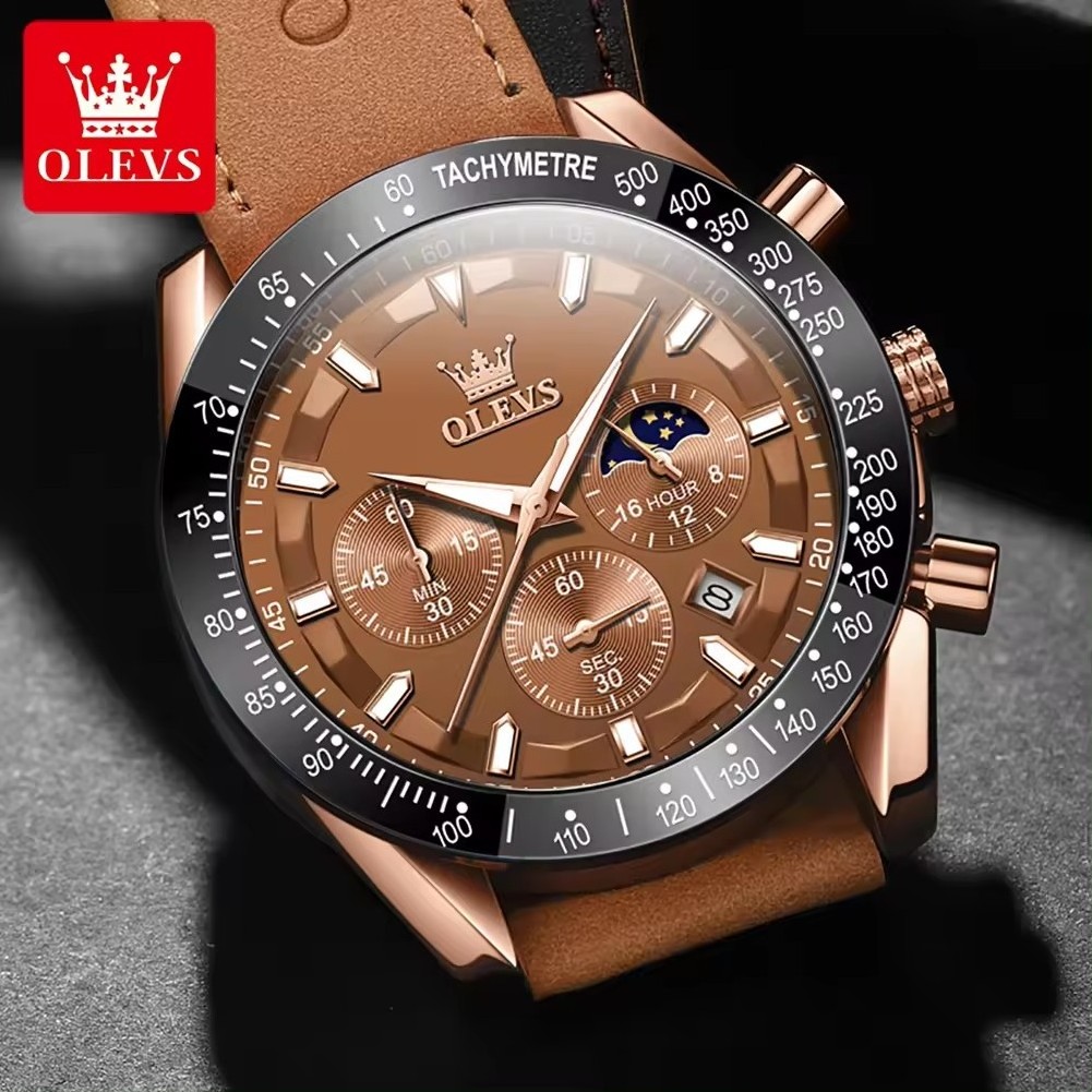 OLEVS Watch For Man 9957 Luxury Men Wristwatch Multi-function Large Dial Genuine Leather Strap Sport Watches For Men Luminous