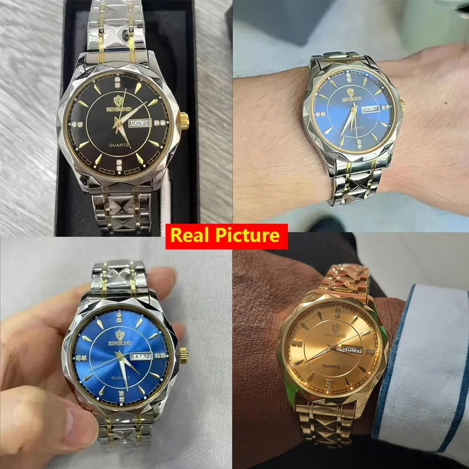 BINBOND Business Gold Luxury Original Wrist  Waterproof Stainless Steel Golden Male Wristwatches Watch For Men Relogio Masculino