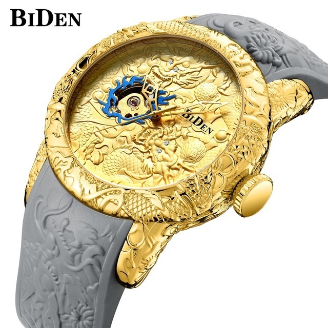 BIDEN Luxury Dragon Skeleton Automatic Mechanical Watches For Men Wrist Watch Silicone Strap Gold Clock Waterproof Mens relogio