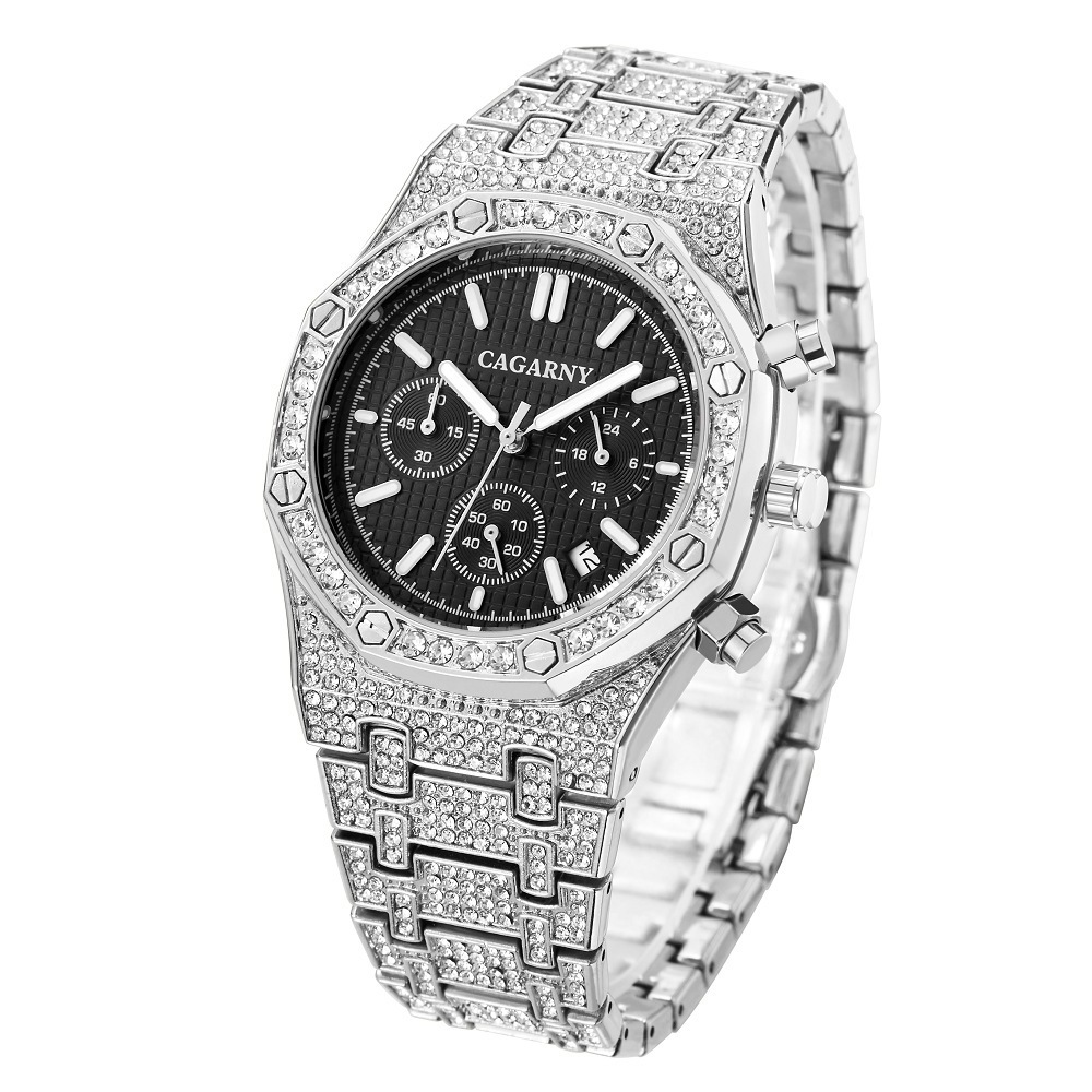 CAGARNY Hiphop Unique Arab Mens Watches Date Quartz Wristwatch Silver Stainless Steel Baguette Diamond Watch For Men Jewelry