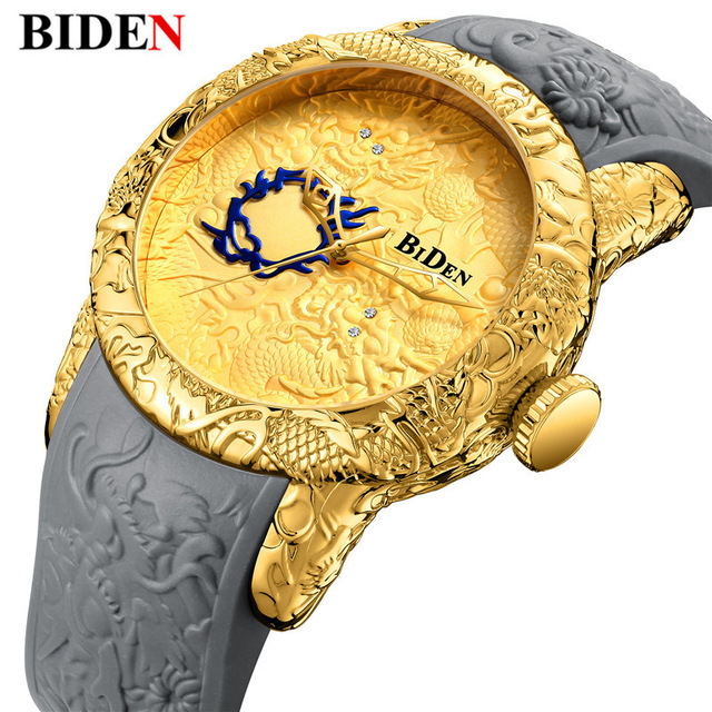 BIDEN Luxury Dragon Skeleton Automatic Mechanical Watches For Men Wrist Watch Silicone Strap Gold Clock Waterproof Mens relogio