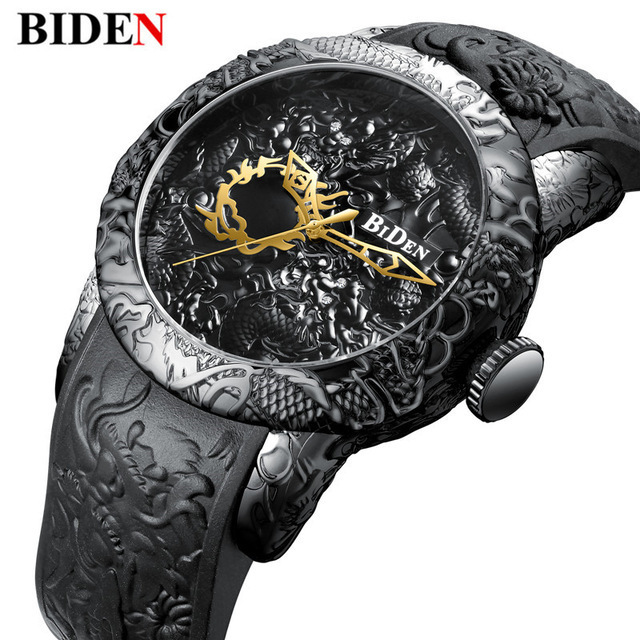 BIDEN Luxury Dragon Skeleton Automatic Mechanical Watches For Men Wrist Watch Silicone Strap Gold Clock Waterproof Mens relogio