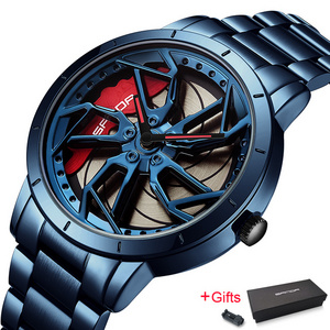 SANDA P1062 Wristwatch Car Wheel Watch Japan Movt Stainless Steel Back Power Rotating Wheel Car Quartz Watches For Men Wrist