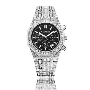 CAGARNY Hiphop Unique Arab Mens Watches Date Quartz Wristwatch Silver Stainless Steel Baguette Diamond Watch For Men Jewelry