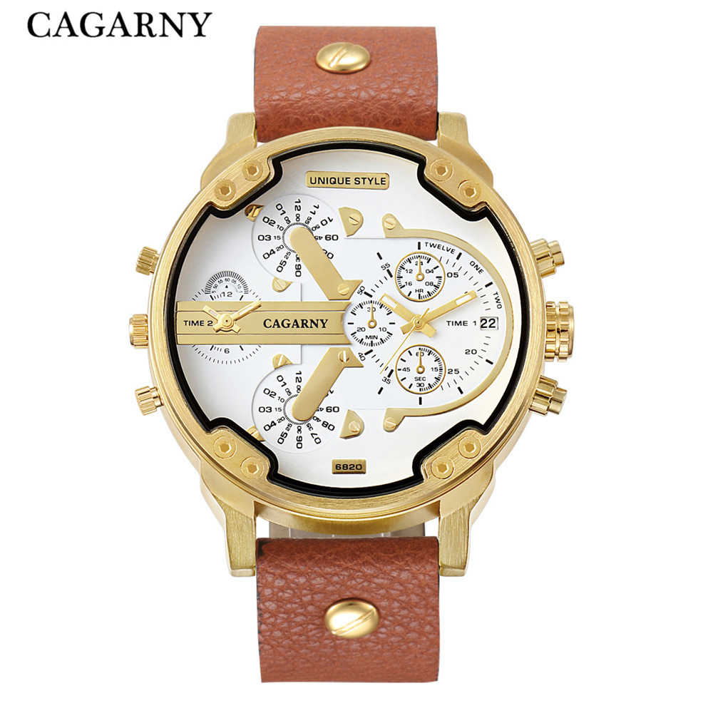 CAGARNY Big Watch Men Luxury Leather Watchband Men's Quartz Watches Dual Time Zone Fashion Relogio Masculino Casual Clock Man