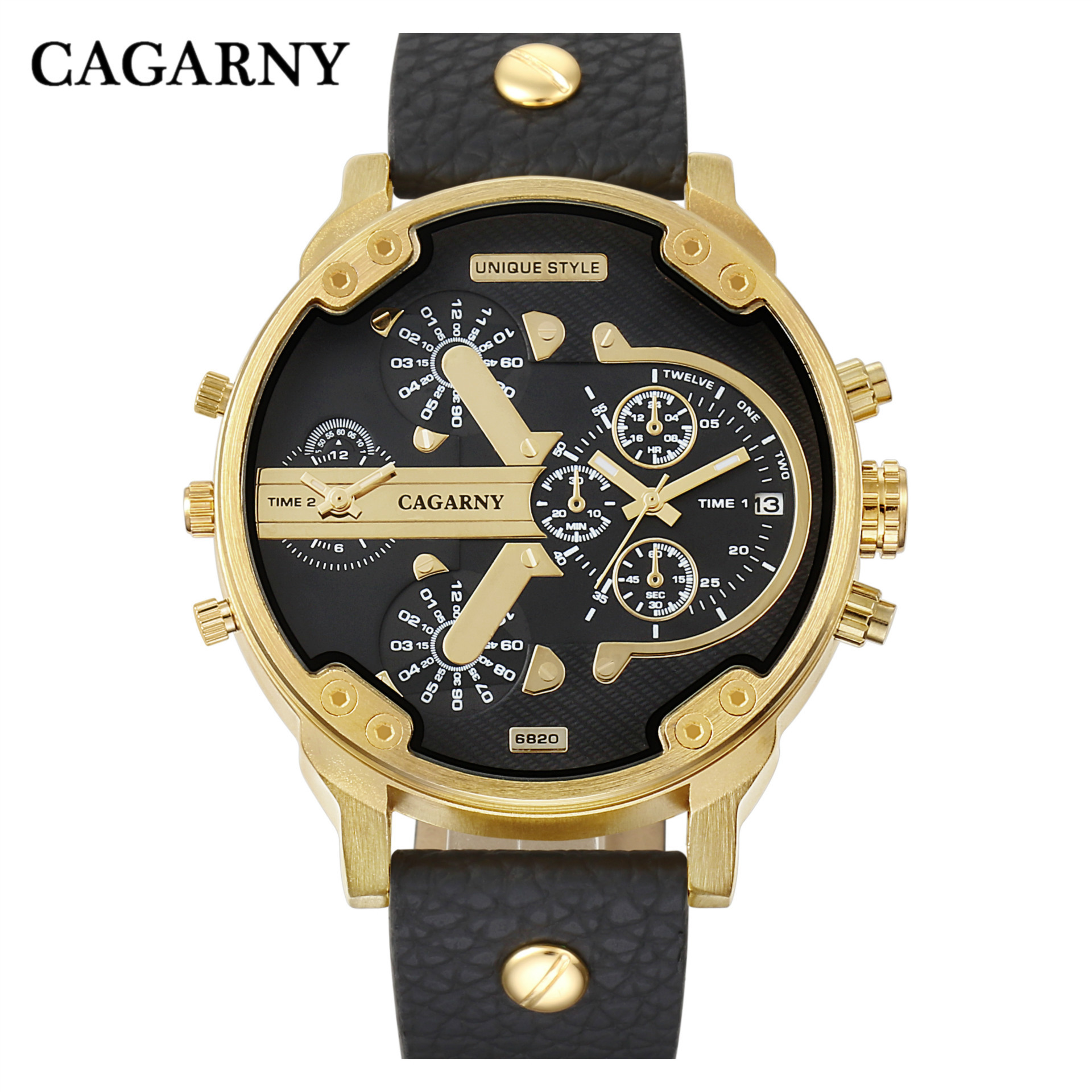 CAGARNY Big Watch Men Luxury Leather Watchband Men's Quartz Watches Dual Time Zone Fashion Relogio Masculino Casual Clock Man