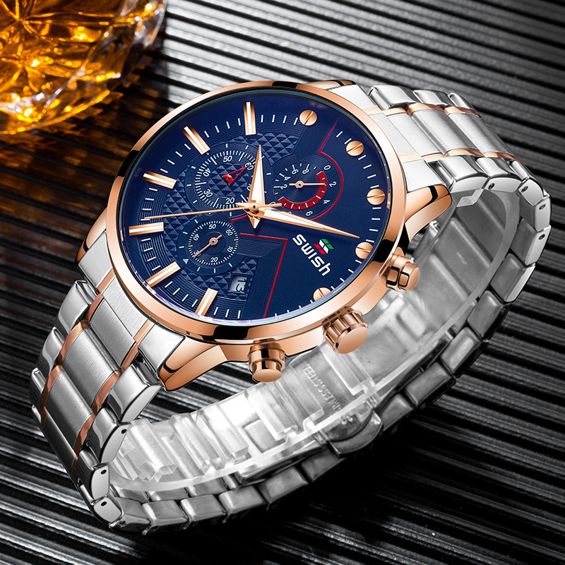 SWISH Super Luxury Quartz Watches For Men Fine Stainless Steel Band Big Dial 3ATM Waterproof Chronograph Calendar Sport Watch