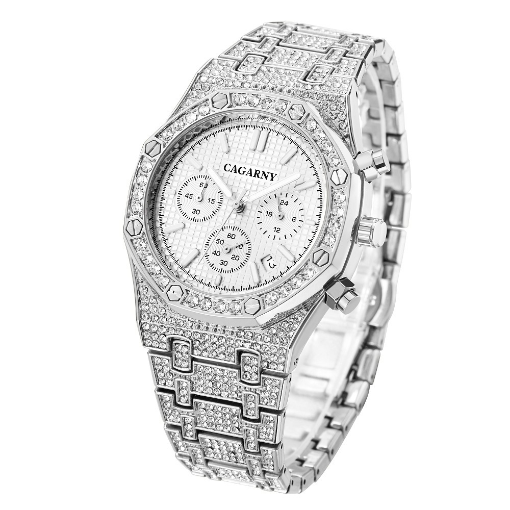 CAGARNY Hiphop Unique Arab Mens Watches Date Quartz Wristwatch Silver Stainless Steel Baguette Diamond Watch For Men Jewelry