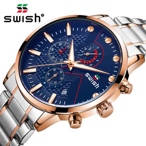 SWISH Super Luxury Quartz Watches For Men Fine Stainless Steel Band Big Dial 3ATM Waterproof Chronograph Calendar Sport Watch