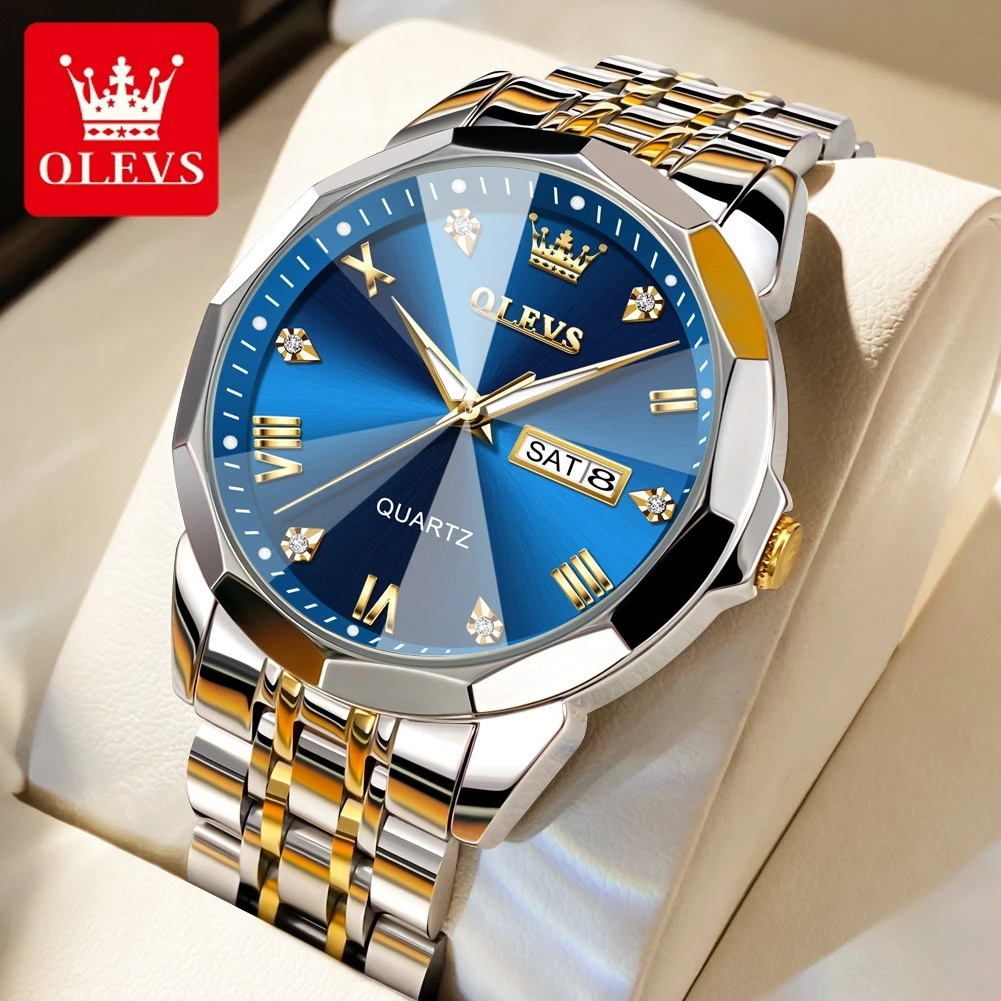 Hot OLEVS Men's Watches Mirror Original Quartz Watch For Man Waterproof Luminous Stainless Steel Wristwatch Male Week Date Hours