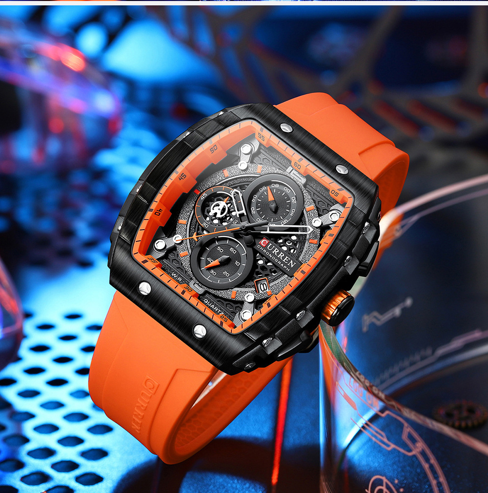 CURREN 8442 Fashion Sports Watches With Large Dial Unique Square Hollow Design Quartz Wristwatches with Chronograph Auto Date