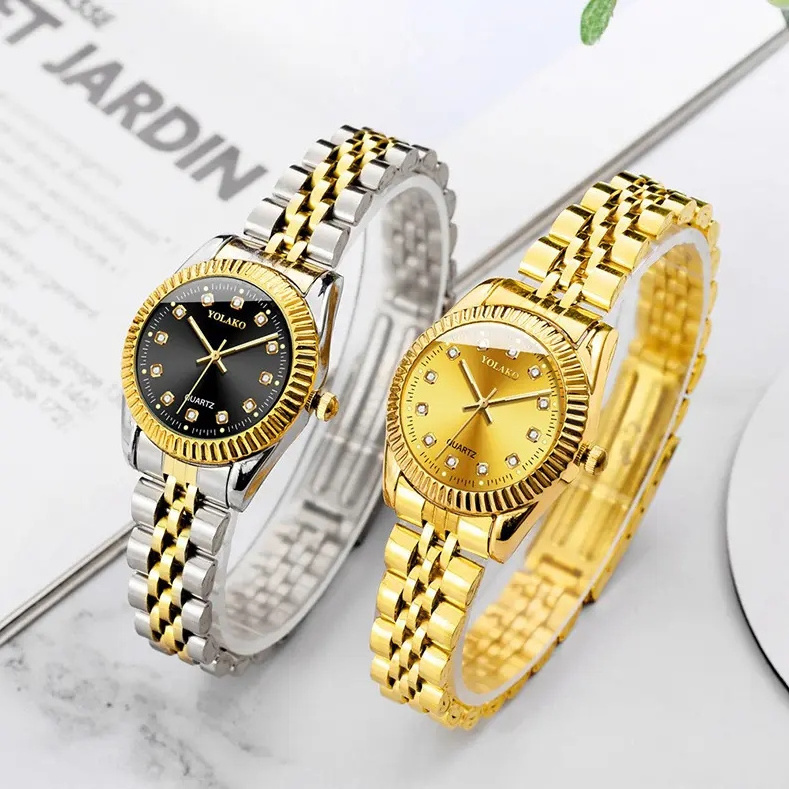 Golden Luxury Quartz Couple Watches Gold Bracelet Wrist Watches Full Steel Fashion Creative Female Male Clock Gift For Women Men