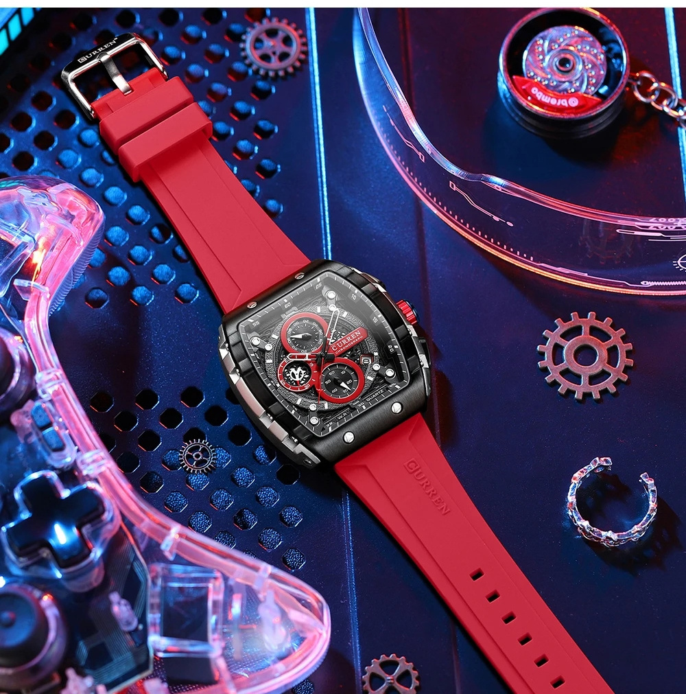 CURREN 8442 Fashion Sports Watches With Large Dial Unique Square Hollow Design Quartz Wristwatches with Chronograph Auto Date