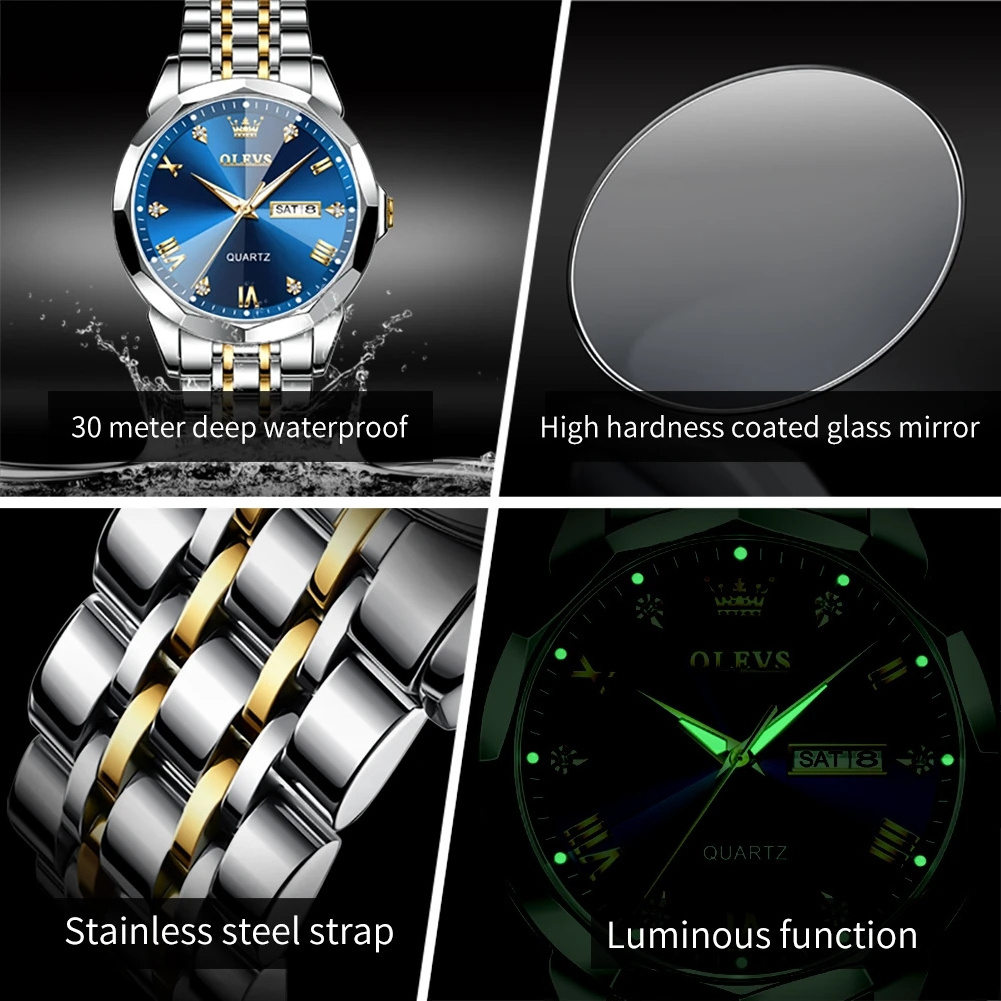 Hot OLEVS Men's Watches Mirror Original Quartz Watch For Man Waterproof Luminous Stainless Steel Wristwatch Male Week Date Hours