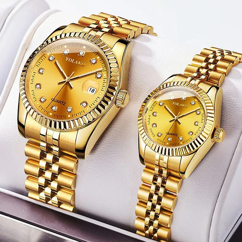 Golden Luxury Quartz Couple Watches Gold Bracelet Wrist Watches Full Steel Fashion Creative Female Male Clock Gift For Women Men