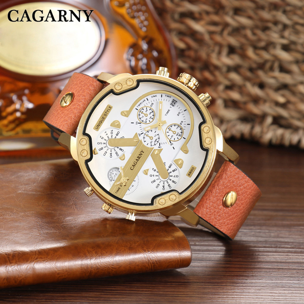 CAGARNY Big Watch Men Luxury Leather Watchband Men's Quartz Watches Dual Time Zone Fashion Relogio Masculino Casual Clock Man