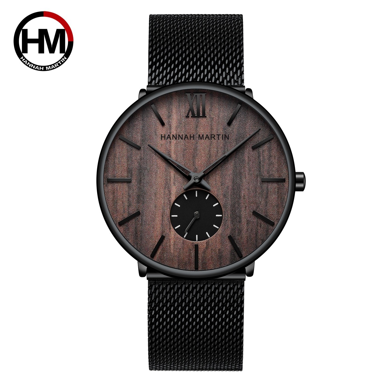 Hannah Martin 1002 Minimalist Male Stainless Steel Mesh Simple Quartz Watch Wood Grain Dial Watch For Men reloj hombre Relogio