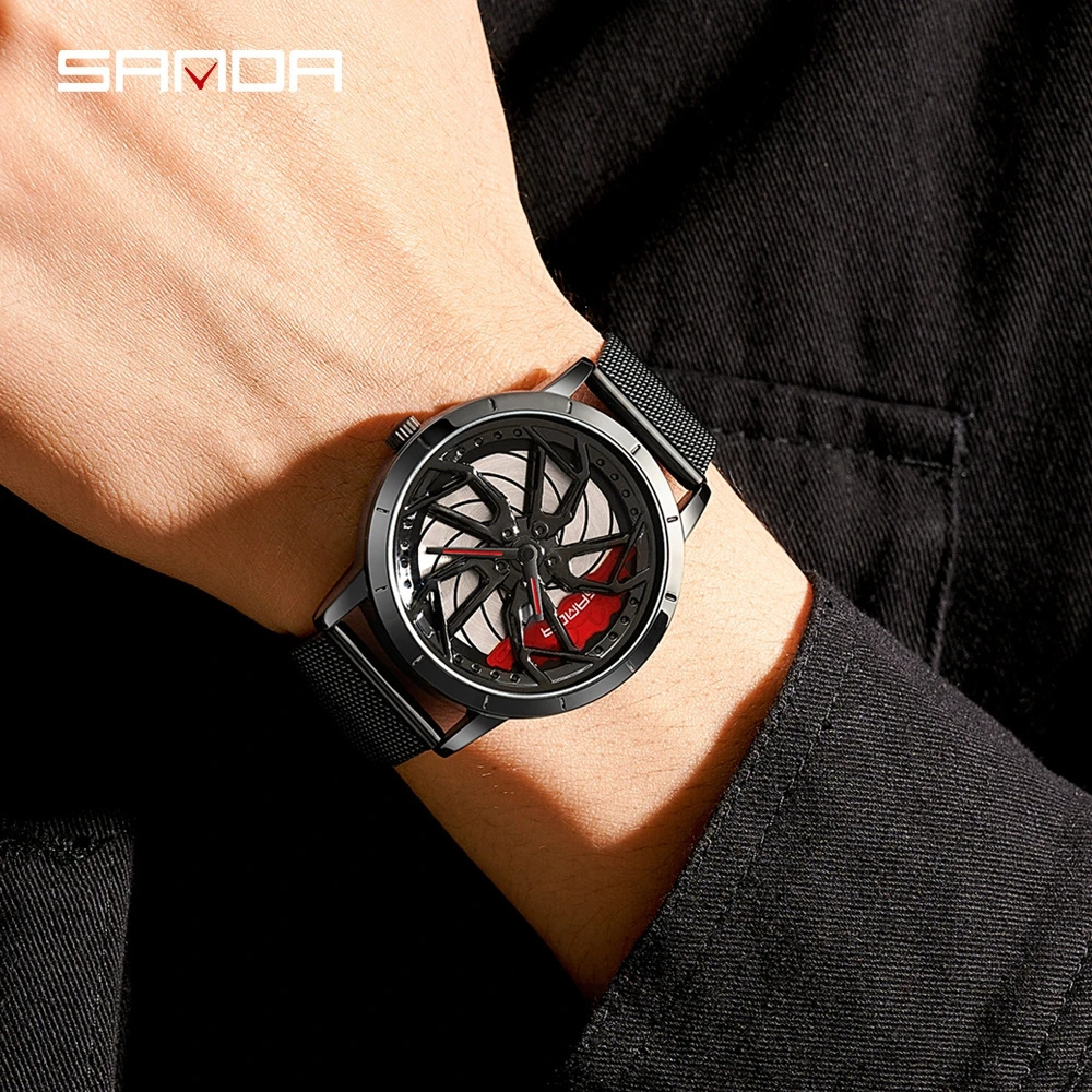 SANDA P1062 Wristwatch Car Wheel Watch Japan Movt Stainless Steel Back Power Rotating Wheel Car Quartz Watches For Men Wrist