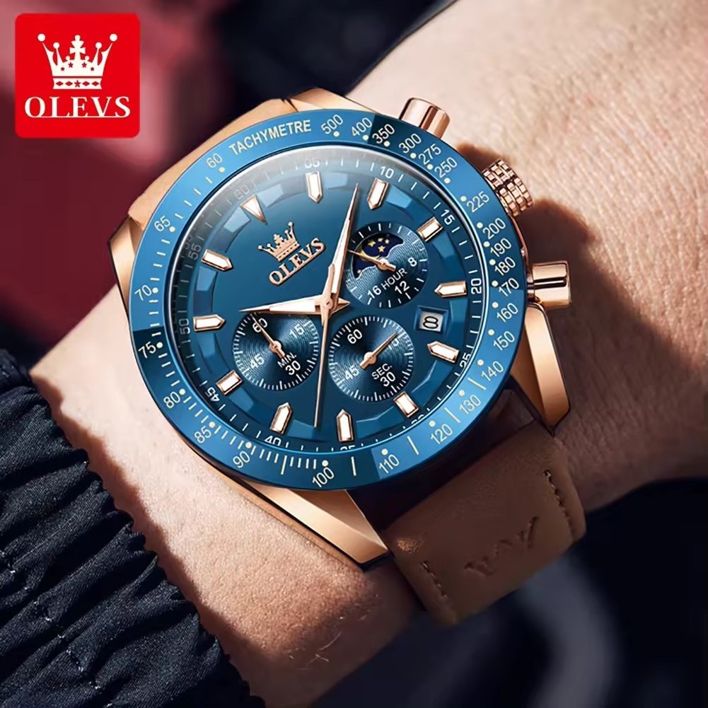 OLEVS Watch For Man 9957 Luxury Men Wristwatch Multi-function Large Dial Genuine Leather Strap Sport Watches For Men Luminous