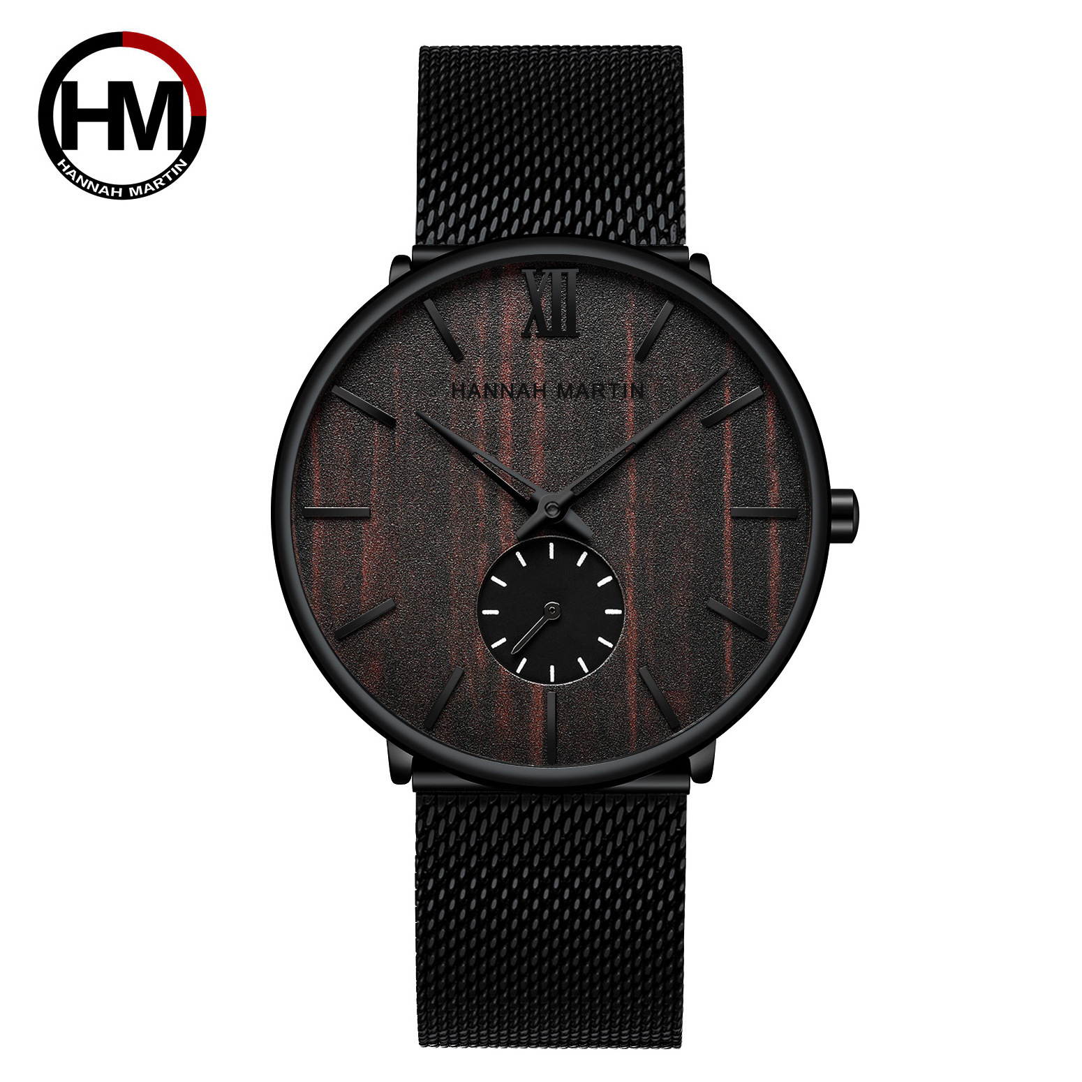 Hannah Martin 1002 Minimalist Male Stainless Steel Mesh Simple Quartz Watch Wood Grain Dial Watch For Men reloj hombre Relogio